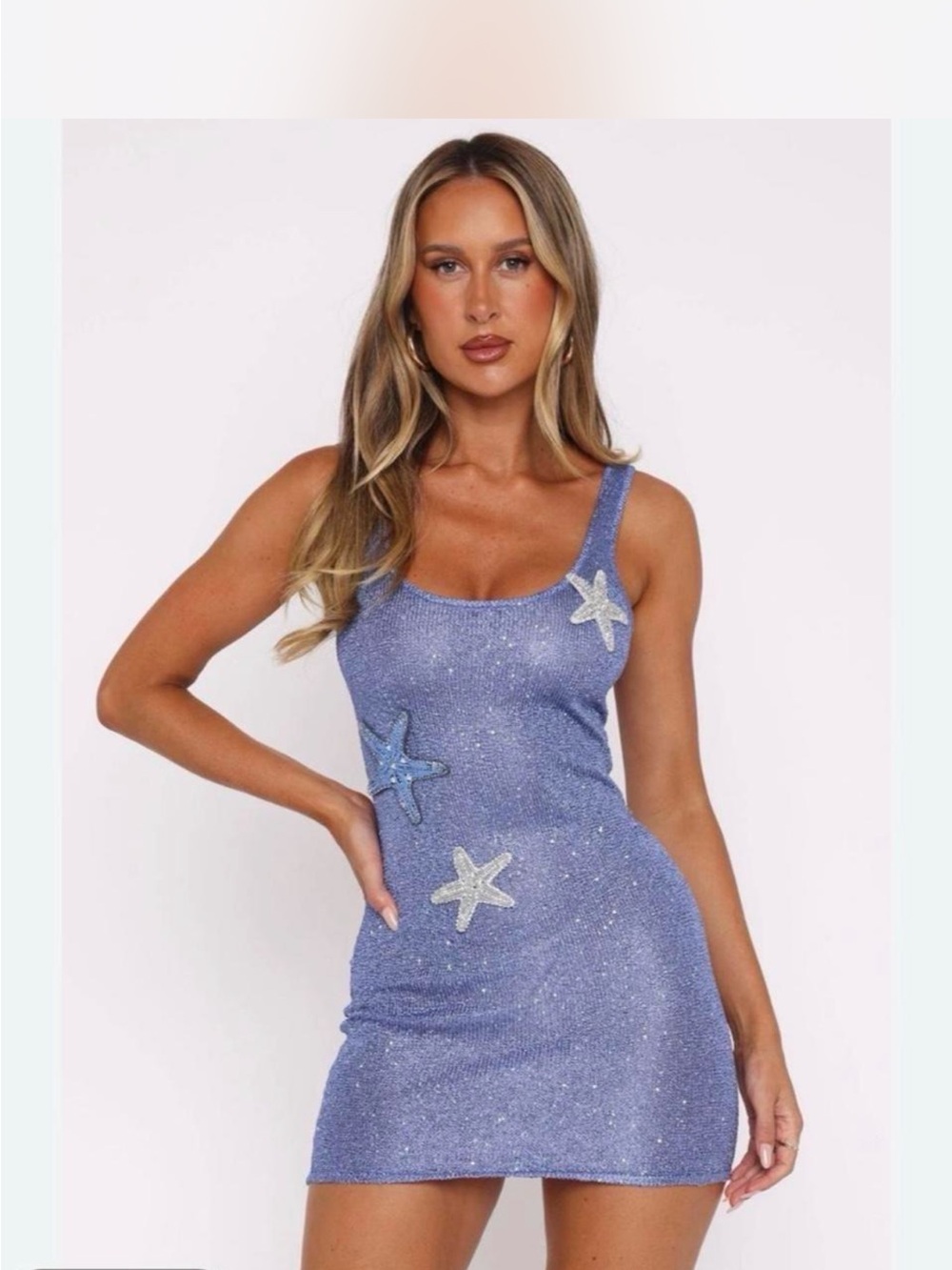 White Fox Glitter Knit Mini Dress with Silver & Blue Starfish